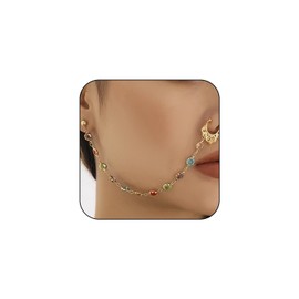 Hanfluenve Bling Gold Nose Rings Belly Dance Nose Ring to Ear Goth Non Piercing Fake Nose Ring Colorful Crystal Stone Nose Chain Punk Face Jewelry for Women Carnival Jewelry, Gemstone, Crystal