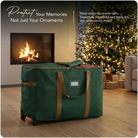 Covermates Keepsakes Rolling Adjustable Ornament Storage Bag – Heavy-Duty Polyester, FlexGrid Trays & Padded Dividers – Protective Holiday Organizer with Wheels, Handles & ID Window, Green