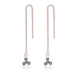DTPsilver® 925 Sterling Silver Rose Gold Plated Pull Through/Thread Style Drop Chain Earrings and Small Celtic Triskele - Length: 75 mm - Triskele Diameter: 6 mm