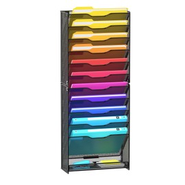 VEESUN 12 Tier Wall File Organizer, Mesh Letter Magazine Mail Wall File Holder Rack Hanging File Organizer With Flat Tray For Office Home, Black