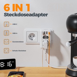 TESSAN Double Plug for Socket, Multiple Socket with 4 USB, Socket Adapter Double with Switch 4000 W, Multiple Plug for Socket, USB Socket Distributor Compatible with Office, White