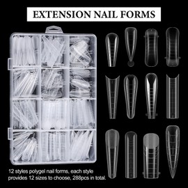 SUTOKAKA 288Pcs Polygel Nail Form Kit 12 Style 12 Sizes Reusable Nail Extension Mold Dual Forms with 6Pcs Nail Clips, Nail Slip Solution, Brush Pen, Nail File & Cuticle Pusher for Beginners