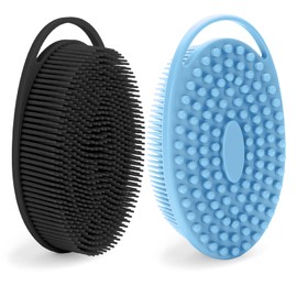 Silicone Back Scrubber for Shower, Body Scrubber, Large Flat Head Design with Handle - Blue & Black, Bath Scrubber for Cleaning & Deep Exfoliation