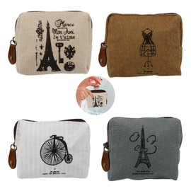 Mini Purse, Pack of 4 Coin Purses, Vintage Small Purse, Women's Canvas Coin Purse with Zip and Pattern for Coins, Cards, Keys, Cream, grey, khaki, brown, Modernity