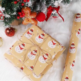 LaRibbons Kraft Vintage Christmas Wrapping Paper with Natural Jute Twine, Snowman Kraft Gift Wrap Paper with Gridline for Christmas, Season Party, 17 Inch X 40 Feet (56.6 sq. ft. ttl.)