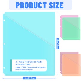 Fyess 15 Pack 3 Hole Punch Colored Plastic Document Folders, Poly Translucent Slash File Jackets, US Letter/A4 Size 20C (2mm) Clear Pocket File Folders, Copy Safe Plastic Document Sleeves