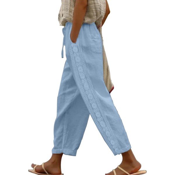 BIRW - Pantalones de lino para mujer con bolsillos de cintura alta, cómodos pantalones de gasa blanca, pantalones casuales ligeros y sueltos, Encaje azul cielo, L
