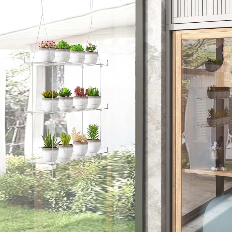 3-Tier Clear Hanging Window Plant Shelves 16In, Height Adjustable Acrylic