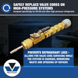 Mastercool 91498 Universal R410A Valve Core Remover/Installer Kit – High-Pressure HVAC Tool with Safety Locking Nut – Includes 1/4" Flare & 5/16” Flare Fittings