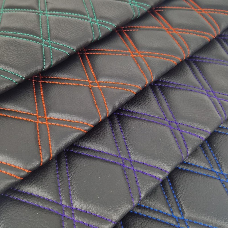 Black Faux Leather Quilted Fabric Double Diamond White Stitch Fluted