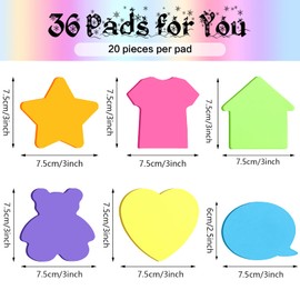 720 Pieces Colorful Shaped Sticky Notes 3 x 3 Inch Notes Bear Star Arrow Heart Shirt Self Sticky Note Pads for Office Reminders School Home, 6 Shapes, 6 Colors