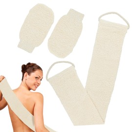 JINTANG Back Scrubber, 3 Pieces Back Scrubber for Shower, Bamboo Fibre Exfoliating Glove Set, Double-Sided Back Scrub, Washcloth with 1 x Back Strap + 2 x Exfoliating Gloves (Cream White)