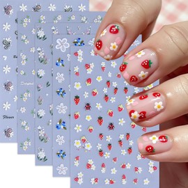 5 Sheets White Small Flower Nail Art Stickers Daisy Strawberry Nail Stickers 5D Embossed Flower Nail Decals Cute Daisy Butterfly Self-Adhesive Nails Design for Spring Summer DIY Nail Art Decorations
