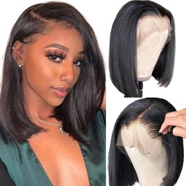 Black Bob Wig Human Hair - 13x4 HD Lace Front Glueless & Pre Plucked | Undetectable Baby Hair for Women | 180% Density Natural 10Inch Straight Bob Wig