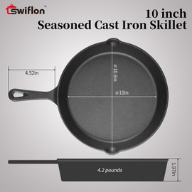 swiflon Cast Iron Skillets Non-Stick Frying Pans Griddle Egg Pan Round Indoor/Outdoor,Stove, BBQ, Grill Cookware，10 Inch