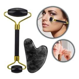 Rodillo Facial Jade Obsidiana Con Guasha Piedra Masaje