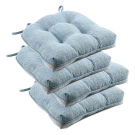 downluxe Indoor Chair Cushions for Dining Chairs, Tufted Overstuffed Textured Kitchen Chair Pads with Ties and Non-Slip Backing, 15.5" x 15.5" x 4", Light Blue, 4 Pack