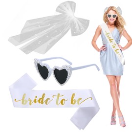 JazRvr Bride To Be Deco 3 Piece Bridal Outfit for Stag Night Wedding Party Beaded Heart Sunglasses, Veil and Sash 19 x 40 cm