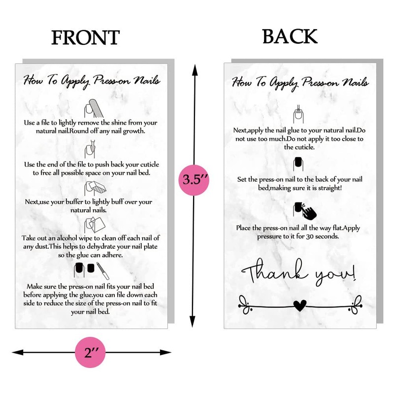 Press-On Nail Application Instructions Cards, Aftercare Instructions Cards, DIY Press-On