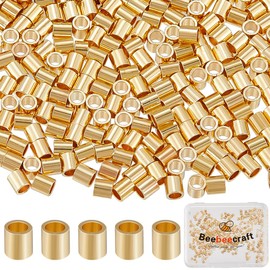 Beebeecraft 300Pcs 14K Gold Filled Brass Crimp Beads Positioning Column Spacer Beads Metal Tube Loose Beads with Storage Box for DIY Necklace Bracelets Anklets Making