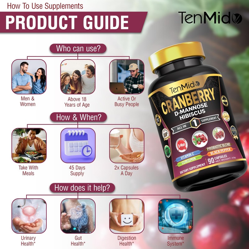 Tenmido Cranberry Supplements - 7in1 with Vitamin C, D-Mannose, Hibiscus,