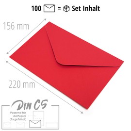 Japun Japun – Briefumschläge (100 Stück) aus Papier, Kuvert, Umschlag ohne Fenster - DIN C5-220 x 156 mm - rot