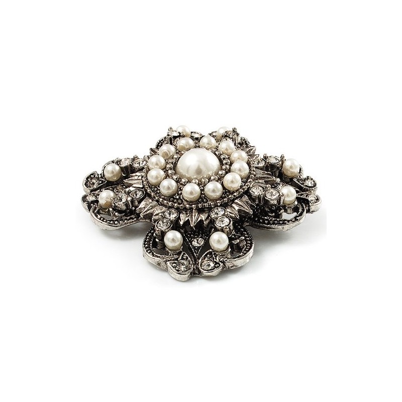 Vintage Filigree Simulated Pearl Cross Brooch (Antique Silver)