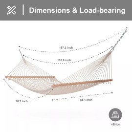 SUNCREAT Hammocks Traditional Rope Double Hammock with Hardwood Spreader Bar ...