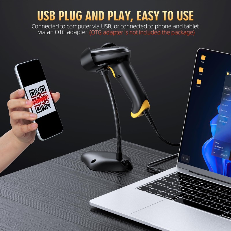 TEEMI 2D Barcode Scanner with Smart Stand USB Wired Handheld