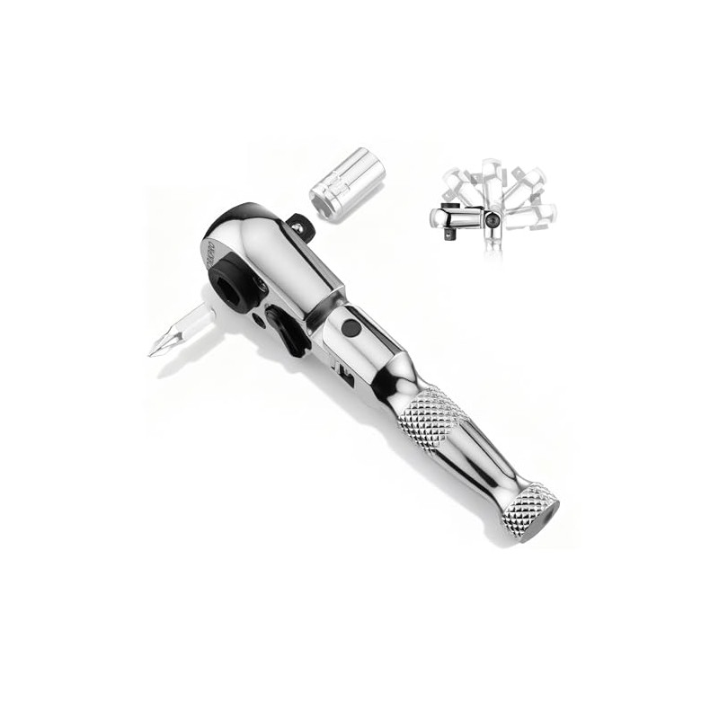 WORKPRO 1/4" Drive Stubby Ratchet, 2-In-1 Socket Wrench Flex Head