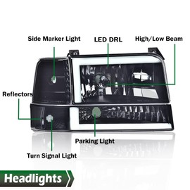LQI LED DRL Headlights Assembly, Compatible with 1992 1993 1994 1995 1996 Ford Bronco F150/ 92-97 F250 F350 Super Duty w/Corner Signal Smoky lens Black Housing Clear Reflector Headlights Assembly