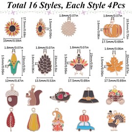 SUNNYCLUE 1 Box 64Pcs Thanksgiving Enamel Charms Alloy Fall Charm Bulk Alloy Autumn Harvest Sunflower Turkey Pumpkin Gnome Maple Leaves Charm for Jewelry Making Charms Earrings Necklace DIY Supplies