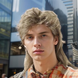 BUYOGET Mens Wig Brown Grey Mullet Wig 70s 80s Wigs for Men Sythetic 21 Inches Fancy Dress Rock Party Wigs for Cosplay Role-playing