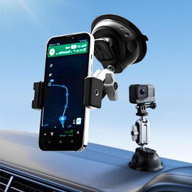 Suction Car Phone Mount Windshield, Universal 360° Rotating Car Window Phone Mount Video Recording Vlog Selfie Live Streaming Car Phone Holder for DJI GoPro Insta 360 Camera