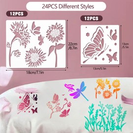Donql 24pcs Stencils for Crafts Reusable, Stencils for Painting, Flower Stencils, Butterfly Stencils, Stencil Template for Painting Flower Butterfly Bird, DIY Stencil for Painting on Wall Wood Decor