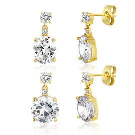 2 Pairs Stud Earrings Set Round Oval 18K Yellow Gold Plated Fashionable Cubic Zirconia Stud for Women and Men,Round Oval CZ