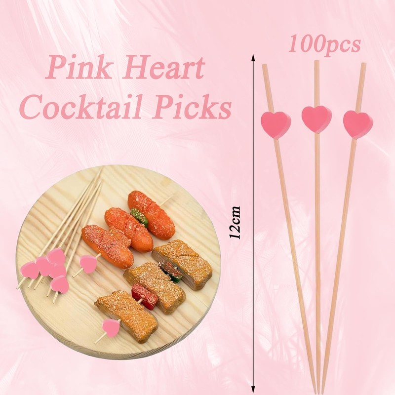 Mxlfdc Wooden Heart Cocktail Decorations, 100 PCS Pink Heart Sticks