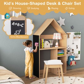 KOTEK 3-in-1 Kids Table and Chairs, House-Shaped Childrens Writing Desk with Chair, Blackboard & Storage Shelves, Anti-Tipping Device, Toddler Desk and Chair Set for Age 3+ Kids Room Bedroom