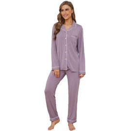 Yoolfine Button Up Pajamas for Women, Long Sleeve Sleepwear Soft Loungewear Ladies Pjs Set, Lavender, Large
