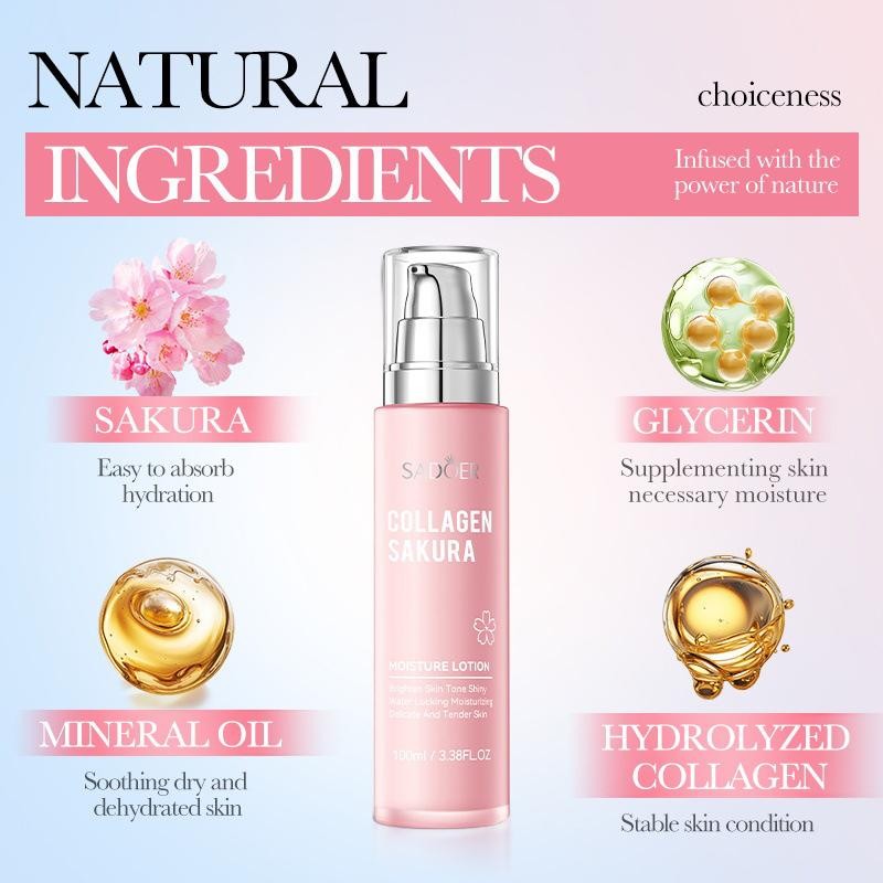 Collagen Sakura Moisturizing Lotion,Brighten Skin Tone Shiny Water Locking Moisturizing