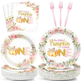 200Pcs Fall Our Little Pumpkin is Turning One Plates and Napkins Autumn 1st Birthday Party Decorations Pink Pumpkin Floral Tableware Maple Leaf Dinnerware for Thanksgiving Baby Shower Party Supplies
