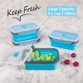 Collapsible Food Storage Containers with Airtight Lid & Air Vent, 16.9 oz, Kitchen Stacking Silicone Collapsible Meal Prep Container Set for Leftover, Microwave Freezer Dishwasher Safe, Blue, Set of 4