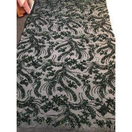 NEW CREATIONS FABRIC AND FOAM INC HUNTER GREEN SEQUINS VINES DESIGN EMBROIDERY ON A 4 WAY STRETCH MESH-BY THE YARD