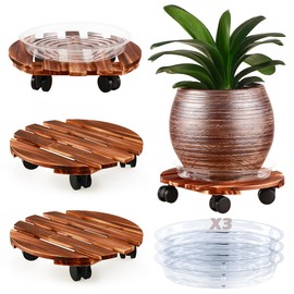 3 Pack Plant Caddy with Wheels Heavy Duty 12 Inch Wooden Plant Stand with Wheels Plant Dolly Rolling Plant Stand Plant Roller with Casters for Indoor and Outdoor with 3 Pack Plant Saucers, Round