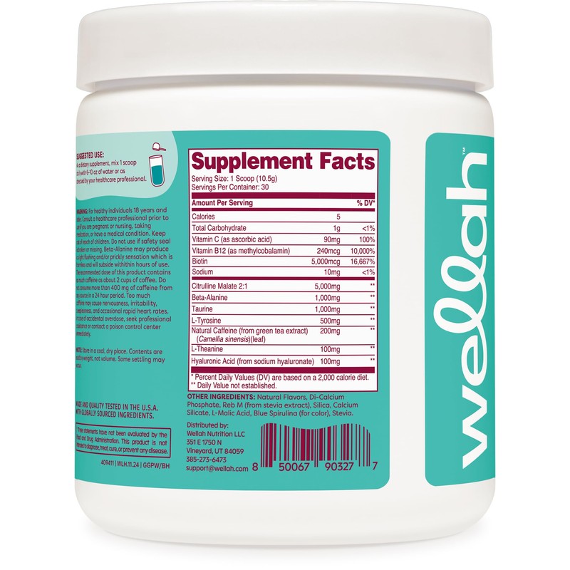 Wellah Get-Going Pre-Workout Drink Mix (Blue Hawaii Flavored, 30 Servings)