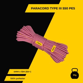 EdcX 4 mm Polyester Paracord 550 (15, 30 and 50 m) – 4 mm Type III, Tear-Resistant Parachute Cord for Survival Made of 100% Polyester with 7 Wires | Solid Colours (Pink, 15 m)