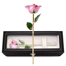 Forever Rose Leather Case with LED Light Bundle, Real Gold Trimmed Bloomed Pink Real, Everlasting 24K Gold Dipped Rose, Elegant Preserved Flower, Unique Anniversary & Valentine's Day Gifts for Women