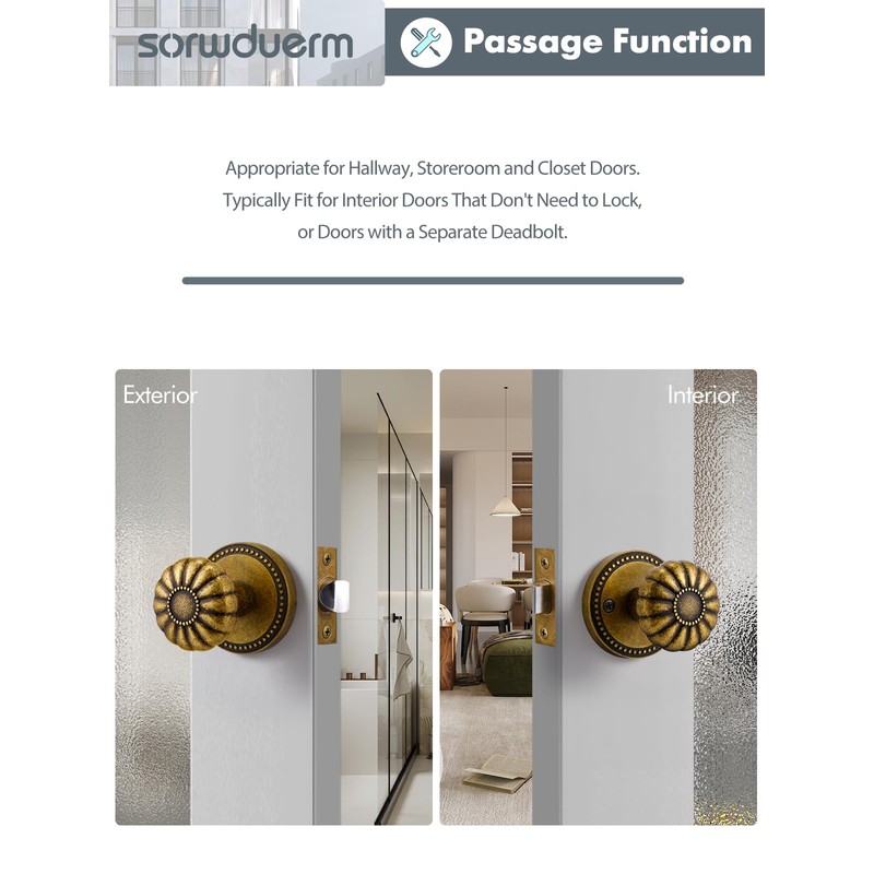 SORWDUERM Antique Brass Door Knob Passage Door Knobs Interior Door