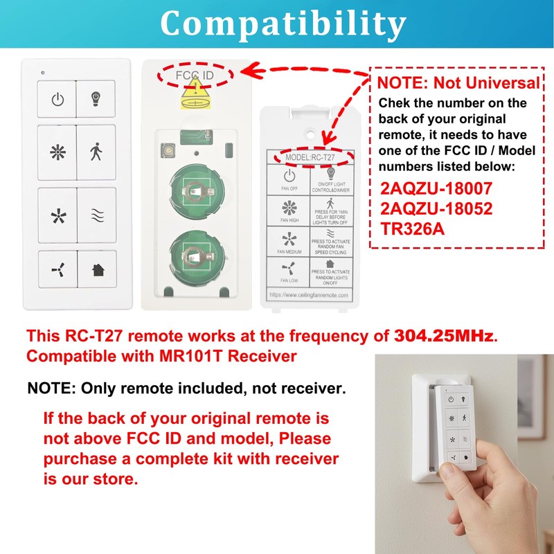 Ceiling Fan Remote Control with Light Dimmer, 3 Speeds Wall