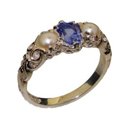 LetsBuyGold 925 Sterling Silver Real Genuine Tanzanite & Cultured Pearl Womens Band Ring - Size 7